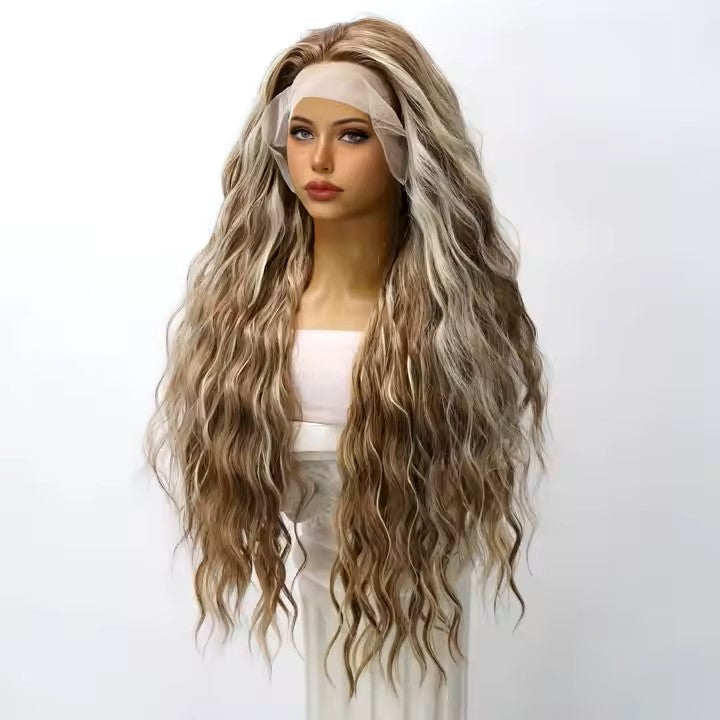 32-Inch Lace Wig - Brown blonde mixed high-gloss lace front T part